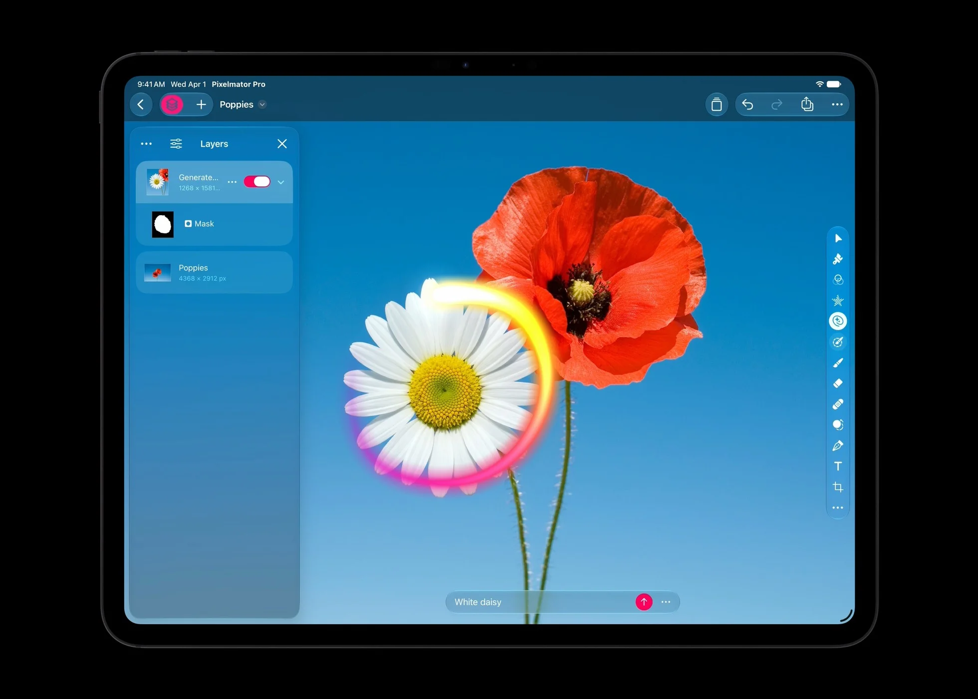 iPad แสดงการแก้ภาพดอกไม้ด้วย Generate Fill ใน Pixelmator Pro